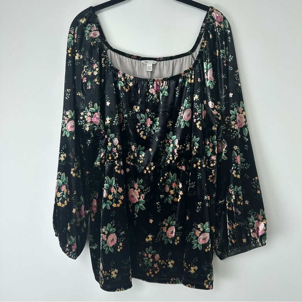 Cato Top Size 18/20w Velvet‎ Black Floral Bishop Sleeve Babydoll Dark Romantic